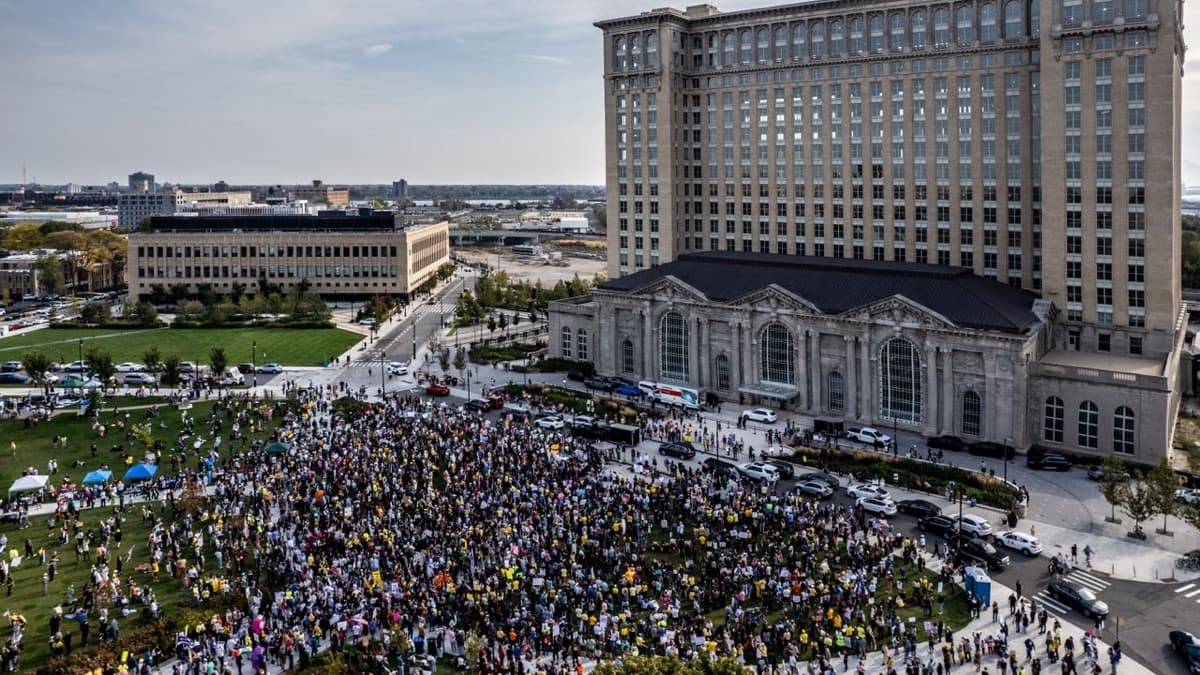 Workers rally at Michigan Central Station