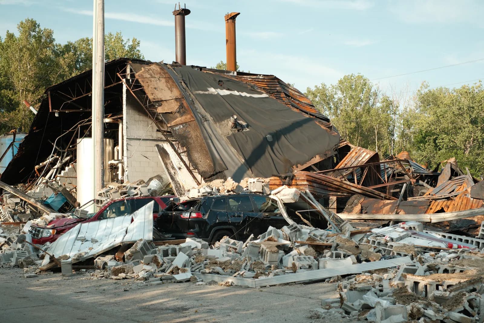 The collapsed, fire-damaged Brent Industries plant in Toledo, its roof caved in and walls torn open, with two crushed cars and piles of rubble in the foreground.