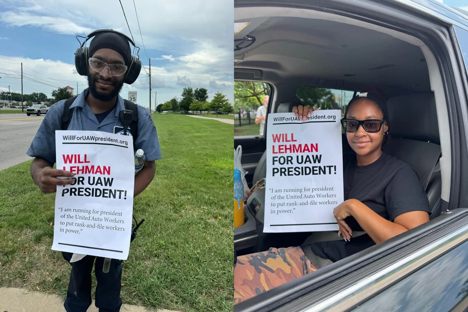 Two Dana auto parts workers outside the Warren, Michigan plant, each holding a “WILL LEHMAN FOR UAW PRESIDENT!” poster — a man in a blue Dana work shirt wearing safety glasses and ear protection, and a woman seated in a vehicle wearing sunglasses.