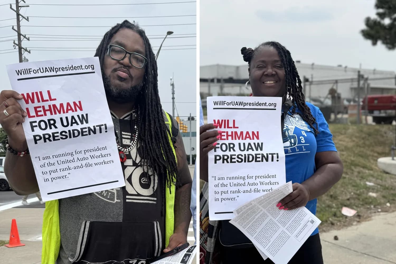 Two autoworkers outside the Stellantis Warren Truck Assembly Plant, each holding up a “WILL LEHMAN FOR UAW PRESIDENT!” poster — a man in a hi-vis vest with locs and glasses, and a woman in a blue T-shirt holding a handful of campaign leaflets.