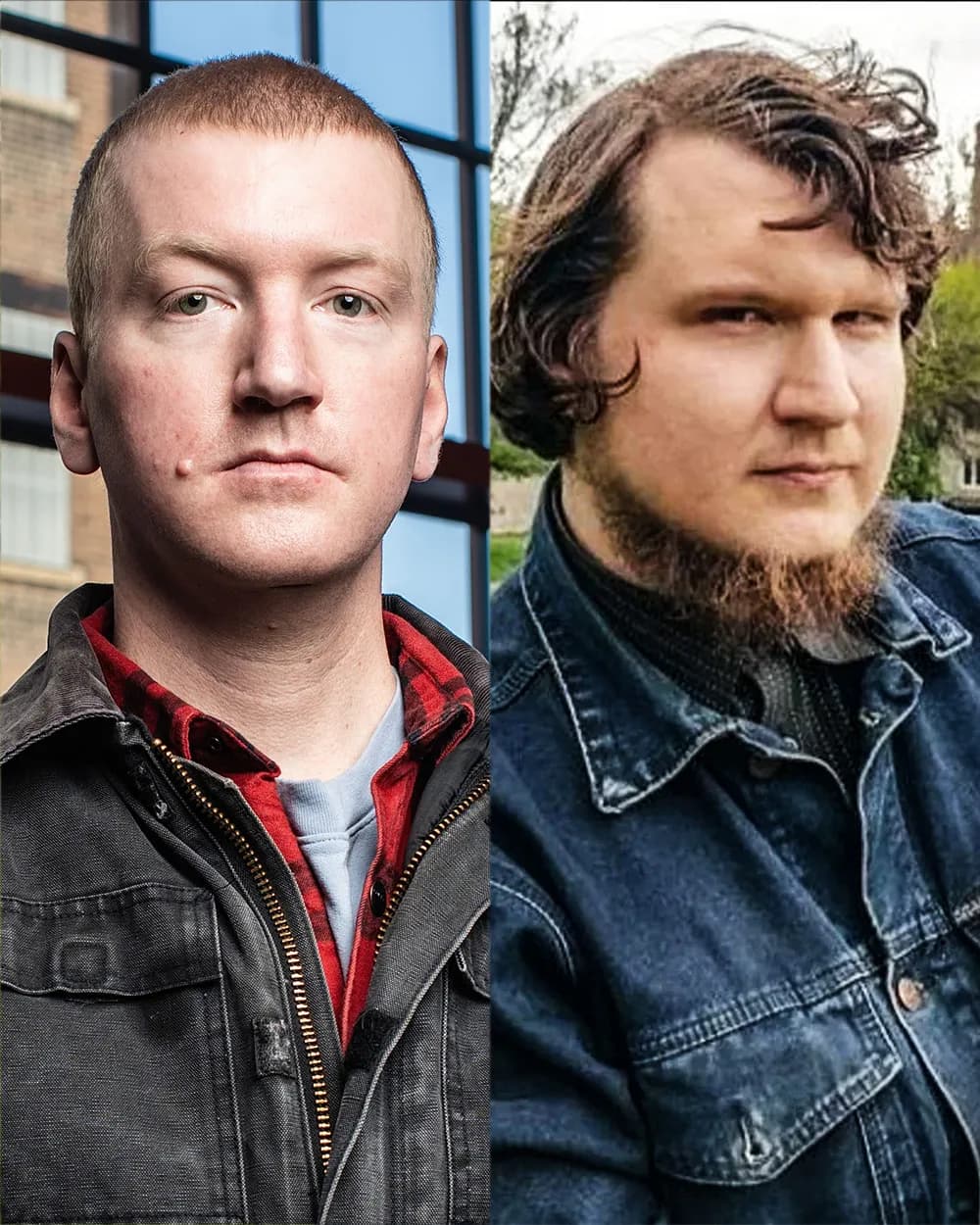 Side-by-side portraits of Will Lehman, in a dark work jacket over a red flannel shirt, and Bogdan Syrotiuk, with long brown hair and a beard, in a denim jacket.